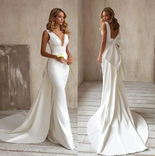 Mermaid Wedding Dress Detachable Train Bow V-Neck Elegant Bridal Gown Sleeveless Customized