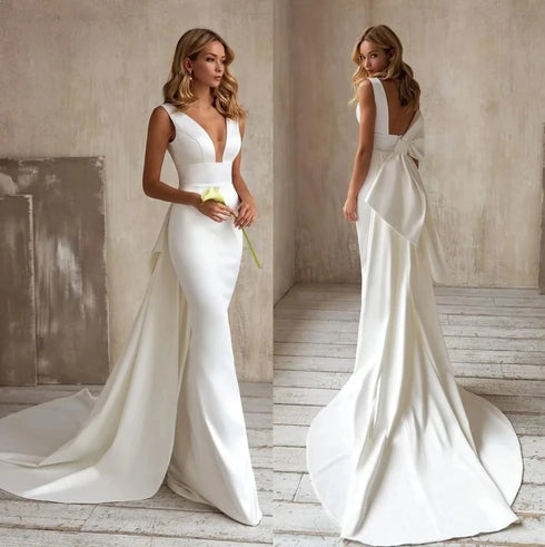 Mermaid Wedding Dress Detachable Train Bow V-Neck Elegant Bridal Gown Sleeveless Customized