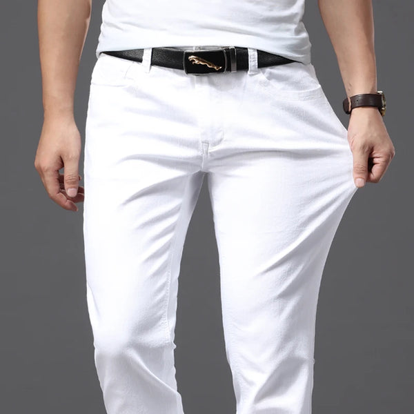 Brother Wang Men White Jeans Casual Classic Slim Fit Trousers