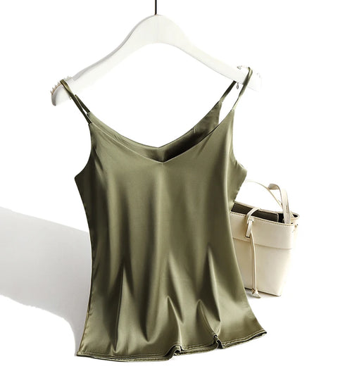 Spaghetti Strap Satin Silk Tank Top Women Sleeveless Halter V Neck Camisole Summer Casual Cami
