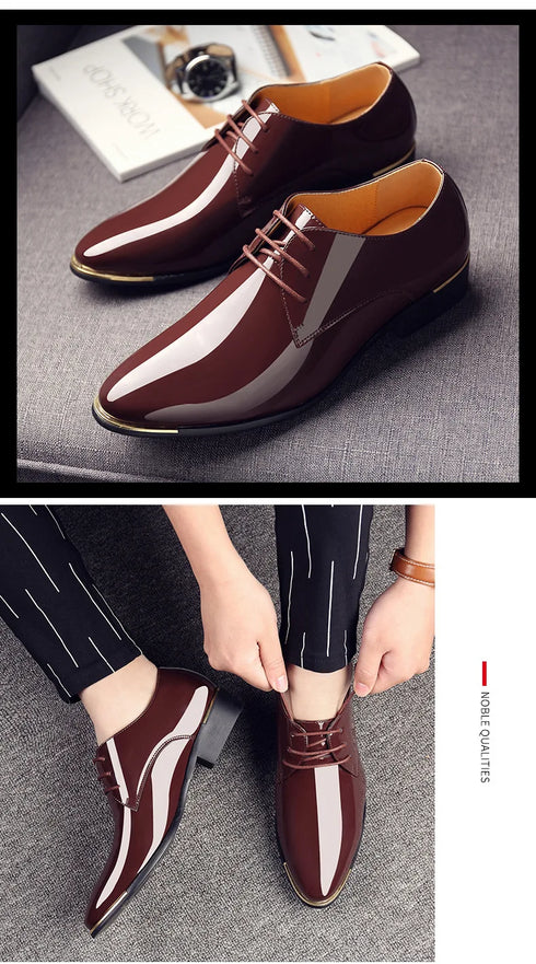 Men's Pointed Toe Patent Leather Dress Shoes - Elegant Lace-Up Styles for Weddings and Business Events