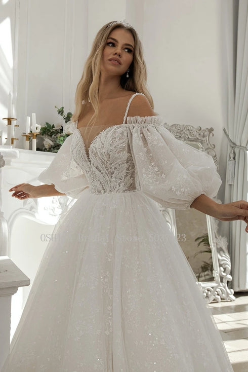 Princess Applique Lace Wedding Dresses Puff Sleeve Ball Gown