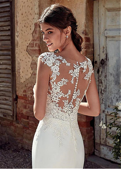Wedding Dress Boho Sexy Illusion Sleeveless Scoop Neck Appliqued Lace Mermaid Gowns