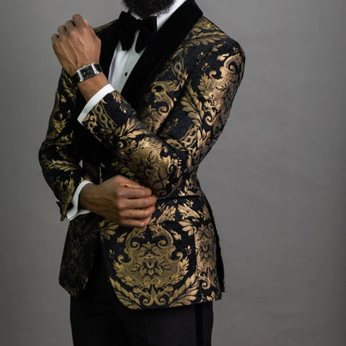 African Fashion Floral Jacquard Men's Slim Fit Blazer with Velvet Shawl Lapel