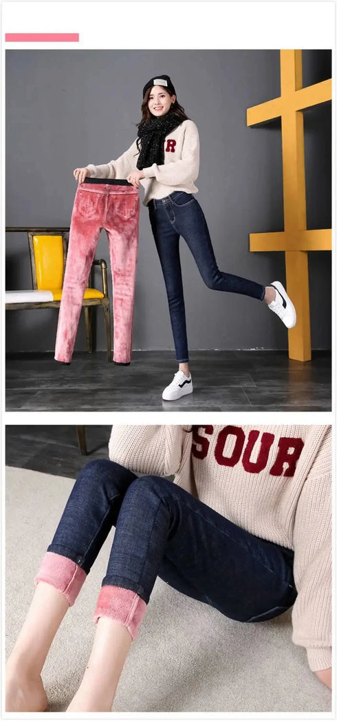 Warmth and Style: Women's Stretchy High-Waisted Pencil Jeans for Cozy Fall Outfits, Perfect for Casual Winter Looks and Everyday Wear