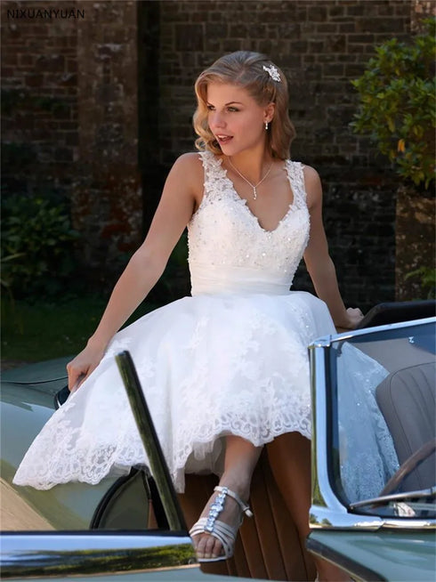 Customized Vestido De Noiva Curt A Line Lace Short Wedding Dress
