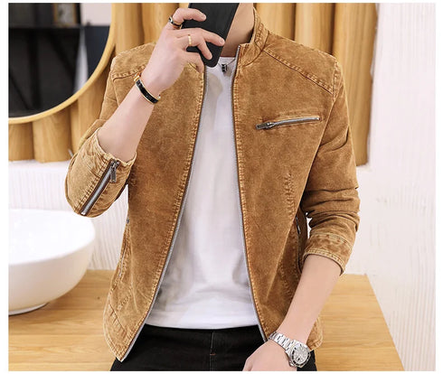 Men's Retro Motorcycle Denim Jacket with Stand Collar, Long Sleeve Zippered Casual Outerwear for Spring and Autumn Fashion