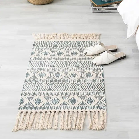Ethnic Style Woven Linen Cotton Rectangle Rug Mat for Living Room and Bedroom Foot Pad