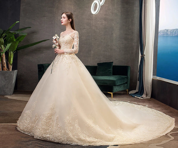 Spring Wedding Dresses With Sleeve Illusion Long Appliques Lace Embroidery Ball Gowns