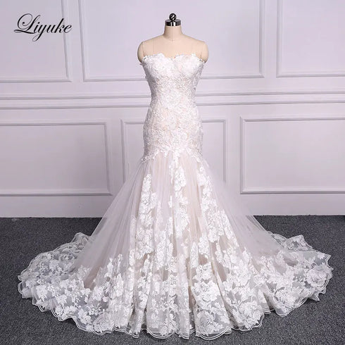 Liyuke Shining Symmetrical Lace Sweetheart Mermaid Wedding Dress