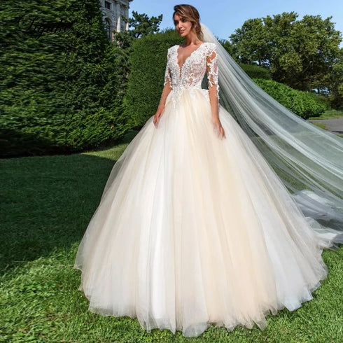 Liyuke Elegant Princess Ball Gown Wedding Dresses With Beading Appliques Lace Off Shoulder For Brides