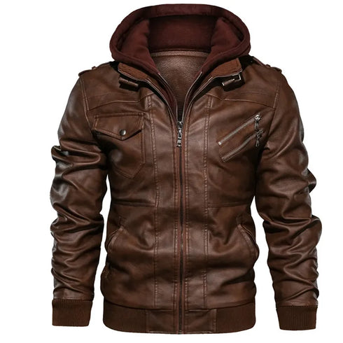 Men's Casual PU Leather Motorcycle Jacket for Autumn and Winter - Stylish Biker Coat with Detachable Hood and Zipper Closure