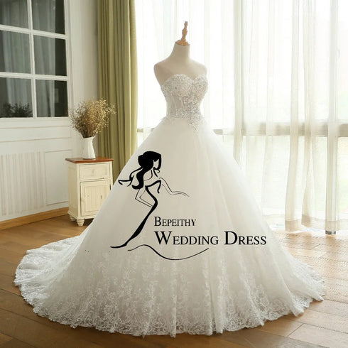 BEPEITHY Customized Sexy Sheer Lace Crystal Ball Gown Wedding Dress Vintage Princess Bridal Dresses