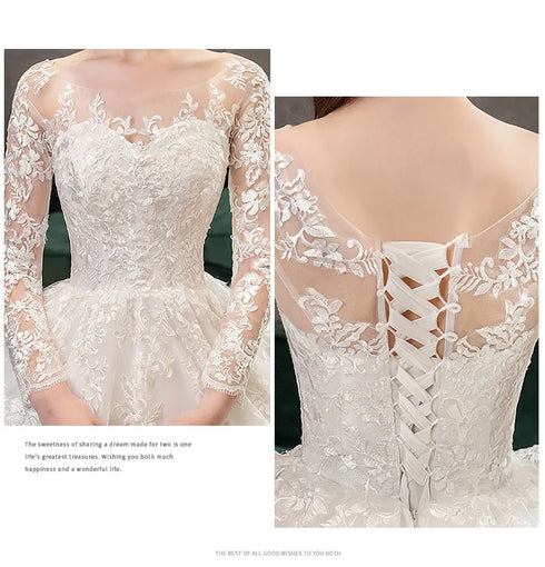 Vintage O Neck Full Sleeve Wedding Dress Lace Embroidery Gown