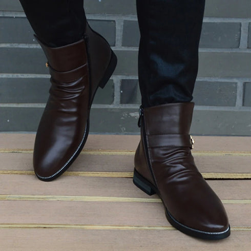 Stylish Men's Genuine Leather Ankle Boots with Plush Lining for Autumn and Winter Casual Wear