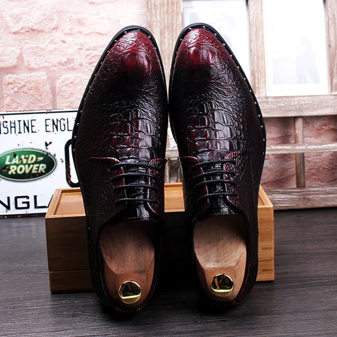 Men's Crocodile Dress Leather Lace-Up Shoes for Wedding and Office Events