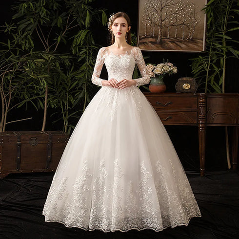 Vintage O Neck Full Sleeve Wedding Dress Lace Embroidery Gown