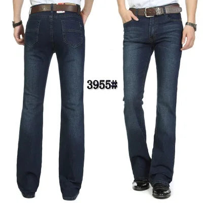 Male Bell Bottom Denim Trousers Slim Black Boot Cut Jeans Casual Business Flares Pants