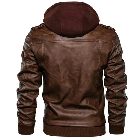 Men's Casual PU Leather Motorcycle Jacket for Autumn and Winter - Stylish Biker Coat with Detachable Hood and Zipper Closure