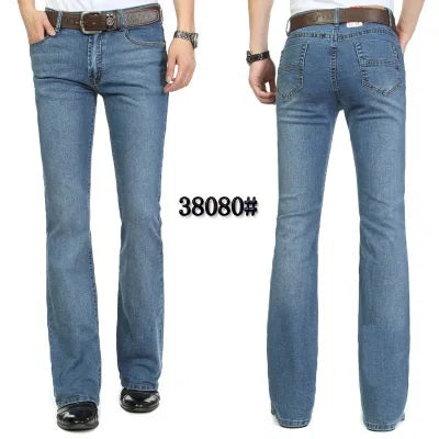Male Bell Bottom Denim Trousers Slim Black Boot Cut Jeans Casual Business Flares Pants