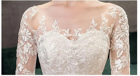 Vintage O Neck Full Sleeve Wedding Dress Lace Embroidery Gown