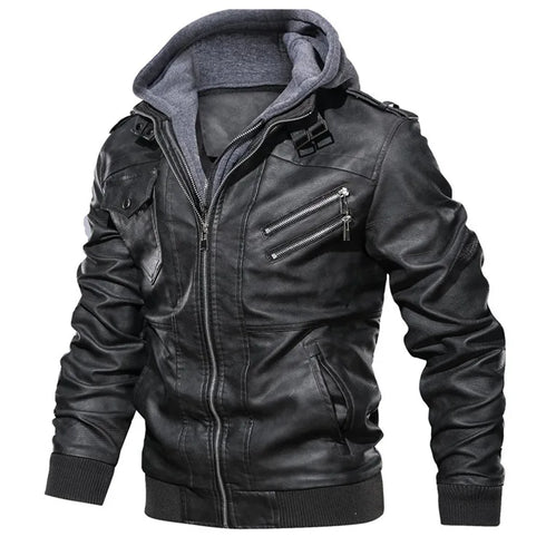 Men's Casual PU Leather Motorcycle Jacket for Autumn and Winter - Stylish Biker Coat with Detachable Hood and Zipper Closure