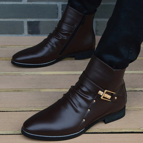 Stylish Men's Genuine Leather Ankle Boots with Plush Lining for Autumn and Winter Casual Wear