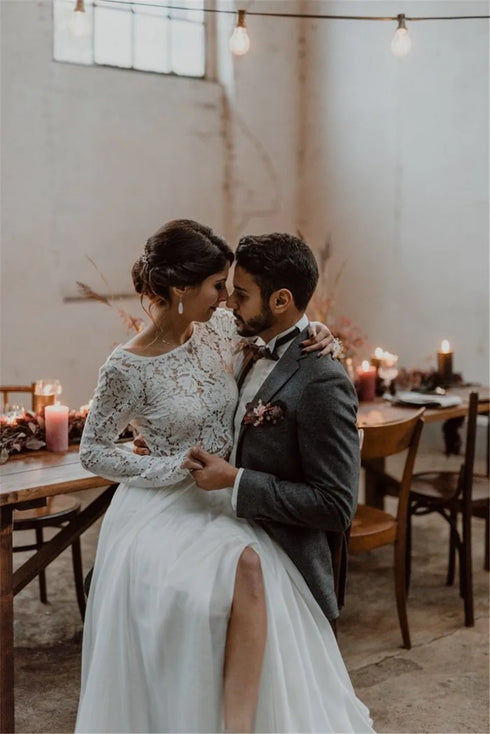 LORIE Two Pieces Wedding Dress Lace Top Chiffon Boho Bride Dress A-Line Customized Beach Wedding Dresses