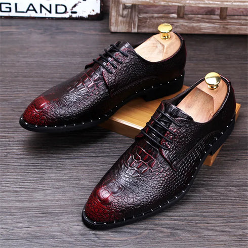 Men's Crocodile Dress Leather Lace-Up Shoes for Wedding and Office Events