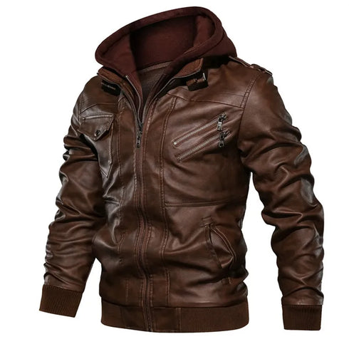 Men's Casual PU Leather Motorcycle Jacket for Autumn and Winter - Stylish Biker Coat with Detachable Hood and Zipper Closure