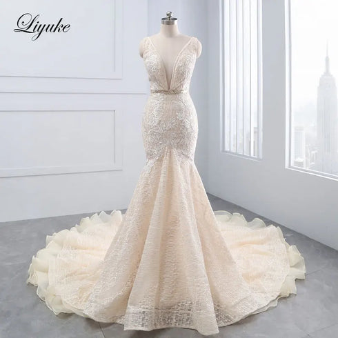 Liyuke Shining Symmetrical Lace Sweetheart Mermaid Wedding Dress