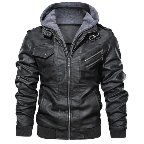 Men's Casual PU Leather Motorcycle Jacket for Autumn and Winter - Stylish Biker Coat with Detachable Hood and Zipper Closure