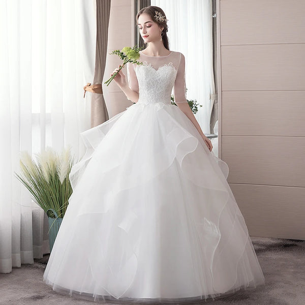 Ball Gown Wedding Dress With Lace Up Back Illusion Mesh Embroidery Appliques Floor Length Plus Size