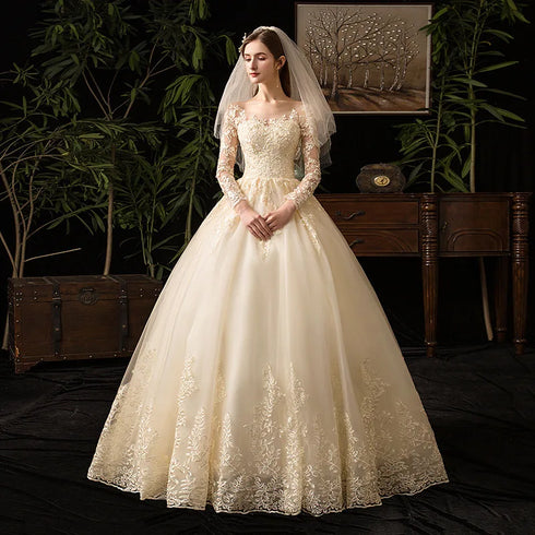 Vintage O Neck Full Sleeve Wedding Dress Lace Embroidery Gown