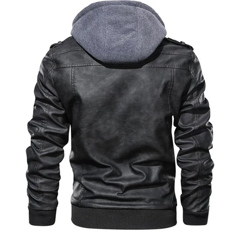 Men's Casual PU Leather Motorcycle Jacket for Autumn and Winter - Stylish Biker Coat with Detachable Hood and Zipper Closure