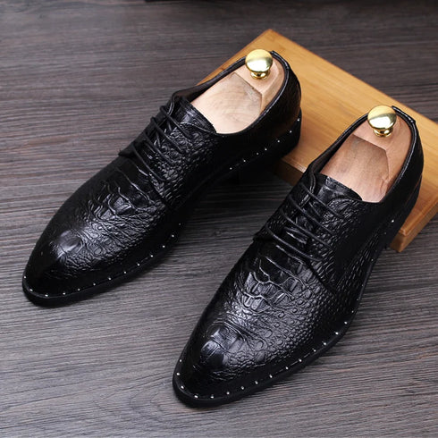 Men's Crocodile Dress Leather Lace-Up Shoes for Wedding and Office Events
