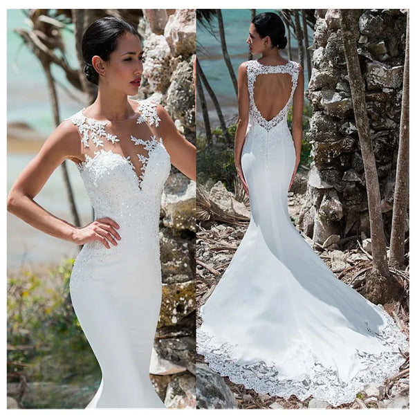 LORIE Sexy Mermaid Wedding Dress Sleeveless Lace Appliqued Gown