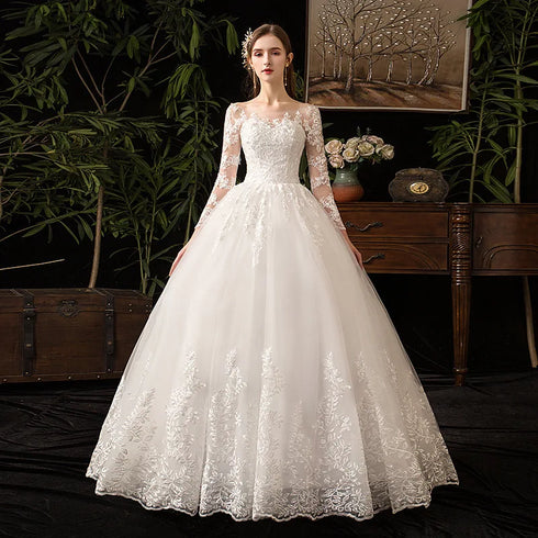 Vintage O Neck Full Sleeve Wedding Dress Lace Embroidery Gown
