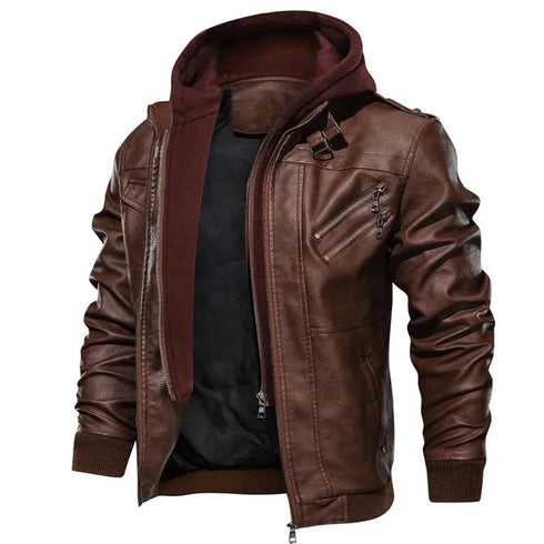 Men's Casual PU Leather Motorcycle Jacket for Autumn and Winter - Stylish Biker Coat with Detachable Hood and Zipper Closure