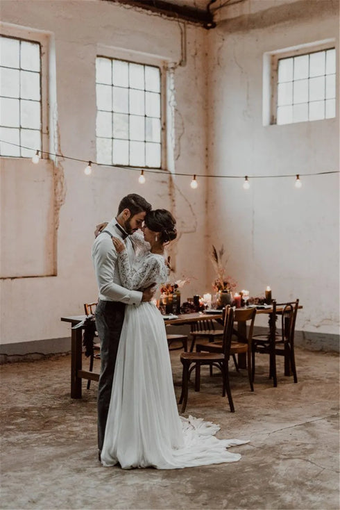 LORIE Two Pieces Wedding Dress Lace Top Chiffon Boho Bride Dress A-Line Customized Beach Wedding Dresses