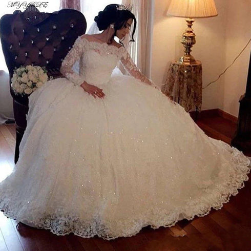 Elegant Long Sleeve Lace Wedding Dresses Ball Gown Tulle Plus Size Off Shoulder Bridal Gowns