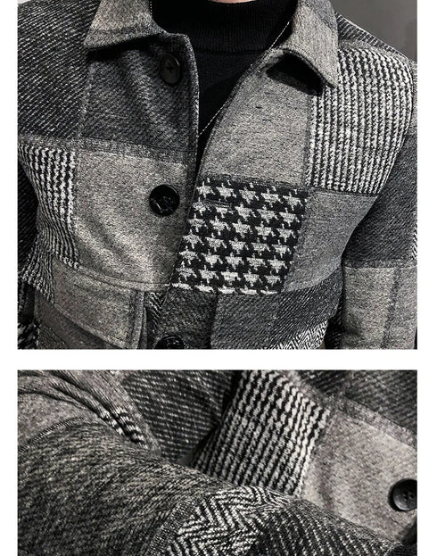 Men's Casual Lapel Hoodless Jacket - Slim Fit Plaid Woolen Coat for Autumn and Winter Fashion