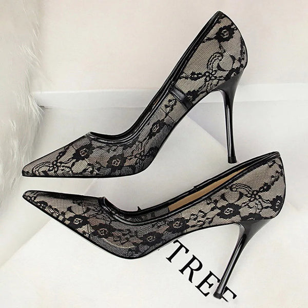 Bigtree Mesh Hollow Lace Pumps for Women - Sexy Stiletto Heels