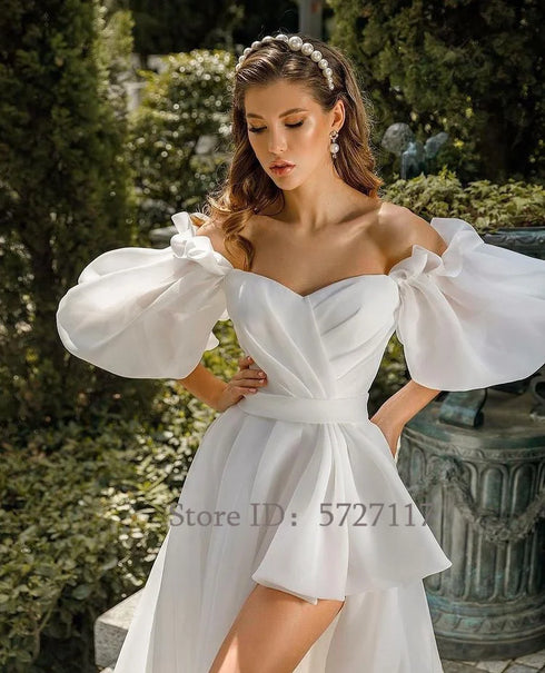 Fashion Sweetheart Puff Sleeves Bridal Gowns A-Line Dress