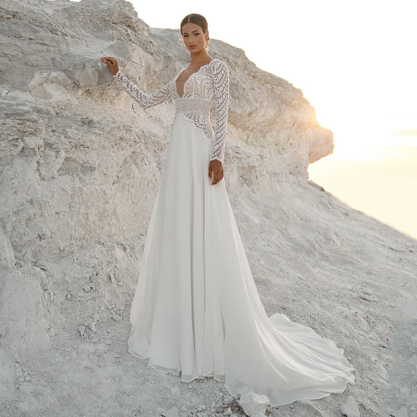 Customized Sexy Long Sleeves Bohemian Lace Bridal Gown