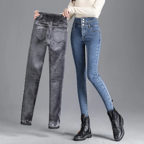 Warm High-Waist Fleece-Lined Skinny Jeans for Women - Perfect for Casual Fall Outfits and Stylish Pencil Pants Looks