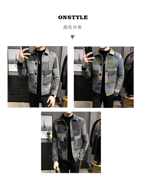 Men's Casual Lapel Hoodless Jacket - Slim Fit Plaid Woolen Coat for Autumn and Winter Fashion