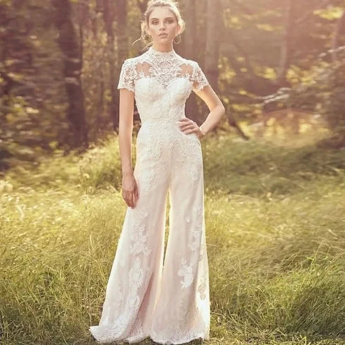 Chic Lace Applique Jumpsuit Wedding Dress with Illusion Back and Short Sleeves for Modern Brides