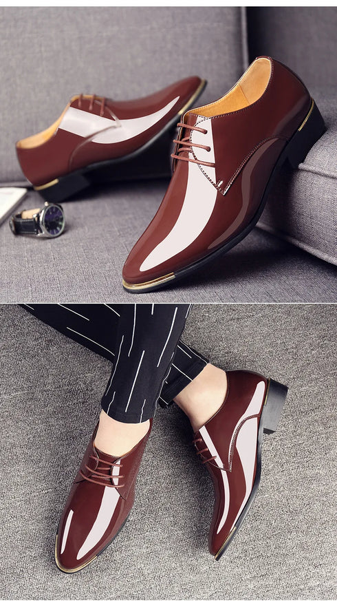 Men's Pointed Toe Patent Leather Dress Shoes - Elegant Lace-Up Styles for Weddings and Business Events