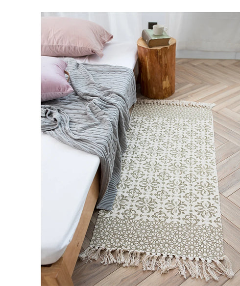 Ethnic Style Woven Linen Cotton Rectangle Rug Mat for Living Room and Bedroom Foot Pad